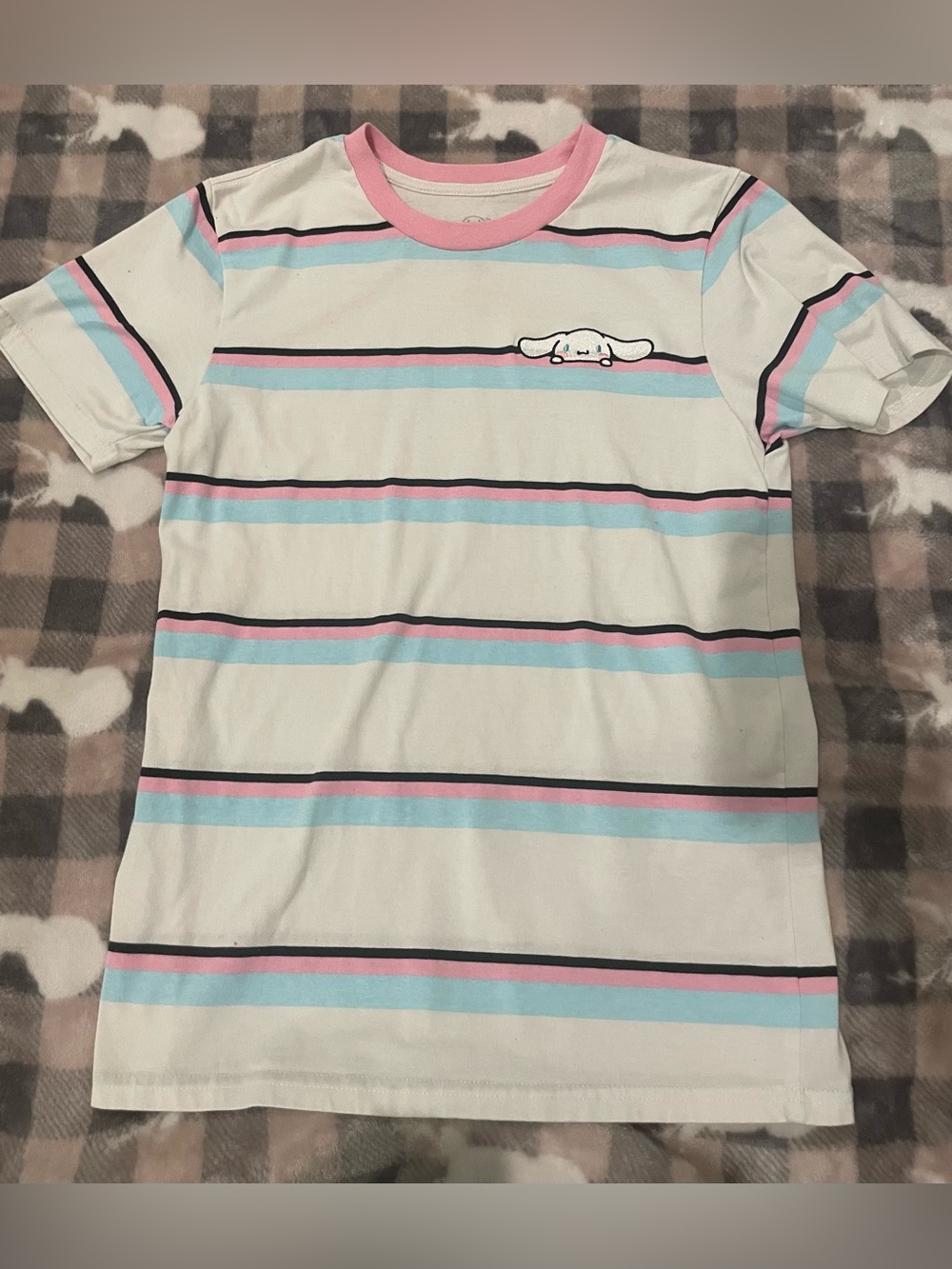 🐨3for$20🐨Women’s Short Sleeve White Stripe Tee with Pink & Blue Accents